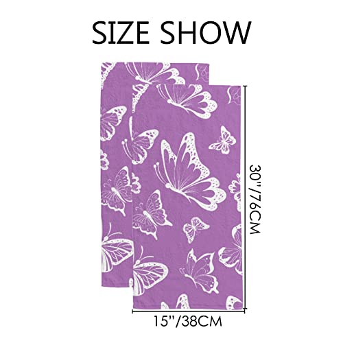 Hand Bath Towels 2 Pack Purple Butterflies Absorbent Face Fingertip Towels for Bathroom Kitchen Gym Spa Soft Hair Drying Cloth Quick Dry, 30 x 15 Inch