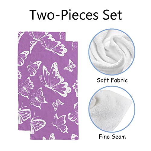 Hand Bath Towels 2 Pack Purple Butterflies Absorbent Face Fingertip Towels for Bathroom Kitchen Gym Spa Soft Hair Drying Cloth Quick Dry, 30 x 15 Inch