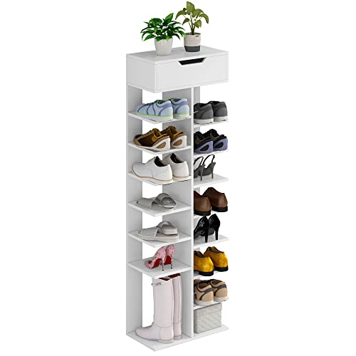 GHQME Medium 8 Tiers Wooden Shoes Racks, Vertical Shoe Rack for Entryway, Shoes Storage Stand, Home Storage Shelf Organizer, Fits 16 Pairs of Shoes (White)