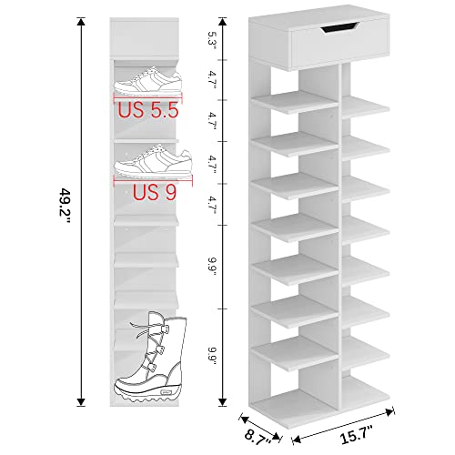 GHQME Medium 8 Tiers Wooden Shoes Racks, Vertical Shoe Rack for Entryway, Shoes Storage Stand, Home Storage Shelf Organizer, Fits 16 Pairs of Shoes (White)