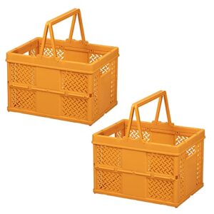 [2-pack] plastic baskets for shelf storage organizing, durable and reliable portable folding storage crate, ideal for home kitchen classroom and office organization, bathroom storage-yellow
