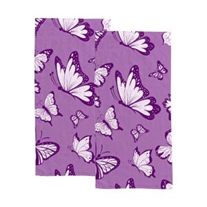 hand bath towels 2 pack violet butterflies absorbent face fingertip towels for bathroom kitchen gym spa soft hair drying cloth quick dry, 30 x 15 inch