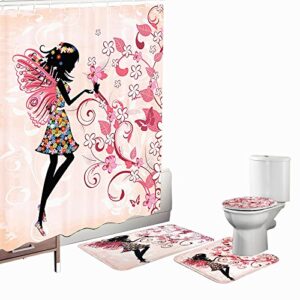 amagical 16 piece girls shower curtain set bathroom mat set fairy decor bath mat contour mat toilet cover pink butterflies and flowers beautiful glamour girl with colorful floral dress angel wings