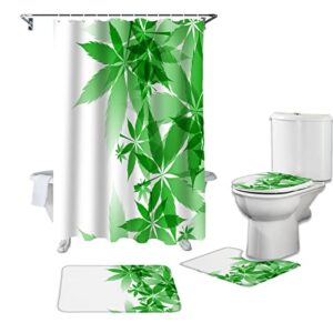 marijuana leaves 4 pcs shower curtain sets, waterproof shower curtains with plastic hooks, anti-skid rugs, toilet lid cover and soft bath mat, for bathroom decor set simple green gradient texture