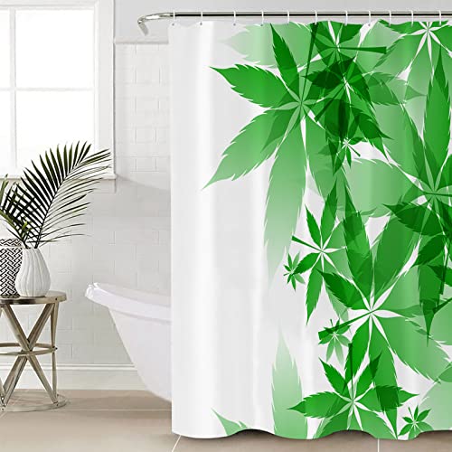 Marijuana Leaves 4 PCS Shower Curtain Sets, Waterproof Shower Curtains with Plastic Hooks, Anti-Skid Rugs, Toilet Lid Cover and Soft Bath Mat, for Bathroom Decor Set Simple Green Gradient Texture