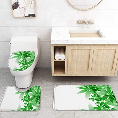 Marijuana Leaves 4 PCS Shower Curtain Sets, Waterproof Shower Curtains with Plastic Hooks, Anti-Skid Rugs, Toilet Lid Cover and Soft Bath Mat, for Bathroom Decor Set Simple Green Gradient Texture