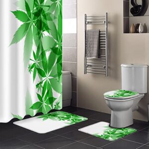 Marijuana Leaves 4 PCS Shower Curtain Sets, Waterproof Shower Curtains with Plastic Hooks, Anti-Skid Rugs, Toilet Lid Cover and Soft Bath Mat, for Bathroom Decor Set Simple Green Gradient Texture