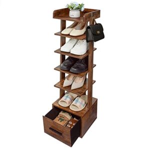 usikey 6 Tiers Vertical Shoe Rack, Entryway Wooden Shoe Rack with Bottom Drawer & Extra Top Storage, Tall Shoe Rack Organizer with 2 Hooks, Space Saving Shoe Tower for Small Space, Rustic Brown