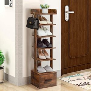 usikey 6 tiers vertical shoe rack, entryway wooden shoe rack with bottom drawer & extra top storage, tall shoe rack organizer with 2 hooks, space saving shoe tower for small space, rustic brown