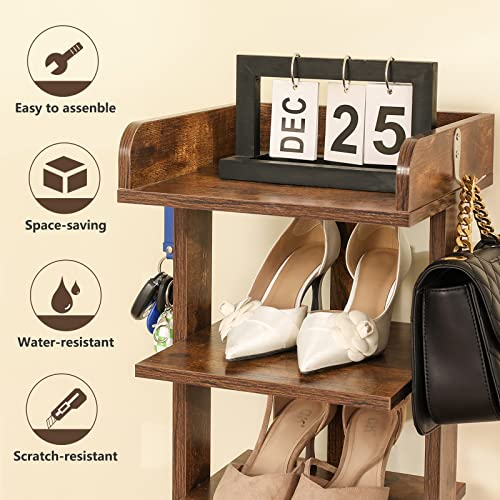 usikey 6 Tiers Vertical Shoe Rack, Entryway Wooden Shoe Rack with Bottom Drawer & Extra Top Storage, Tall Shoe Rack Organizer with 2 Hooks, Space Saving Shoe Tower for Small Space, Rustic Brown