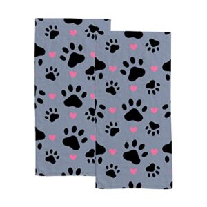 hand bath towels 2 pack paw print pink heart absorbent face fingertip towels for bathroom kitchen gym spa soft hair drying cloth quick dry, 30 x 15 inch