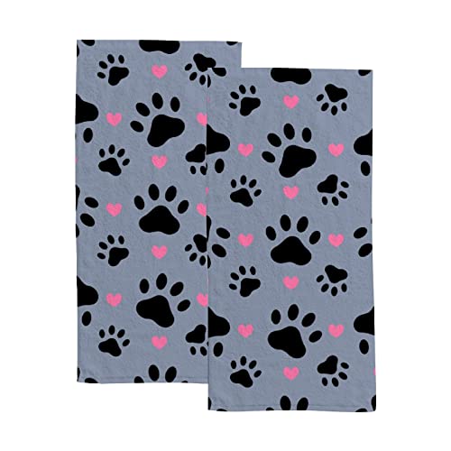 Hand Bath Towels 2 Pack Paw Print Pink Heart Absorbent Face Fingertip Towels for Bathroom Kitchen Gym Spa Soft Hair Drying Cloth Quick Dry, 30 x 15 Inch