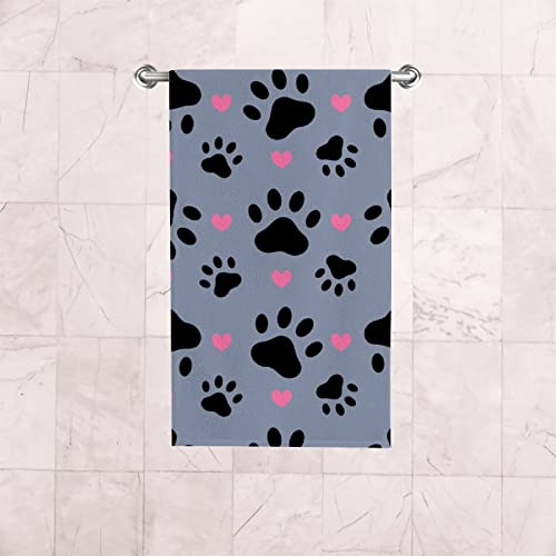 Hand Bath Towels 2 Pack Paw Print Pink Heart Absorbent Face Fingertip Towels for Bathroom Kitchen Gym Spa Soft Hair Drying Cloth Quick Dry, 30 x 15 Inch