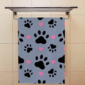 Hand Bath Towels 2 Pack Paw Print Pink Heart Absorbent Face Fingertip Towels for Bathroom Kitchen Gym Spa Soft Hair Drying Cloth Quick Dry, 30 x 15 Inch