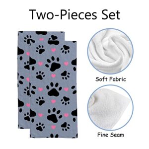 Hand Bath Towels 2 Pack Paw Print Pink Heart Absorbent Face Fingertip Towels for Bathroom Kitchen Gym Spa Soft Hair Drying Cloth Quick Dry, 30 x 15 Inch