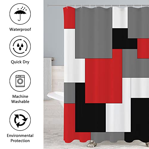 Gibelle 4 Pcs Geometric Red Shower Curtain Set with Non-Slip Rugs, Toilet Lid Cover and Bath Mat, Black Grey Modern Bathroom Decor Set with Shower Curtain and Rugs and Accessories