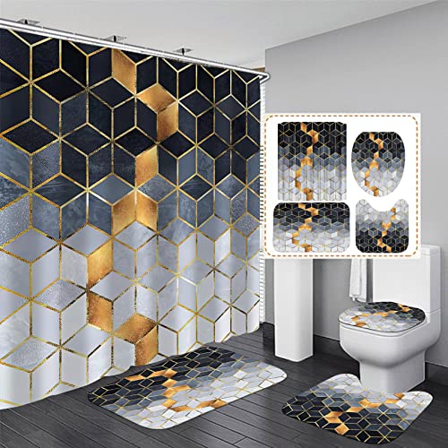 LQCOOL 4Pcs Dark Blue Gradient Shower Curtain Set,Golden Cubic Lines Bathroom Set Texture Bathroom Decor Set Modern Art Bath Accessories with Mats