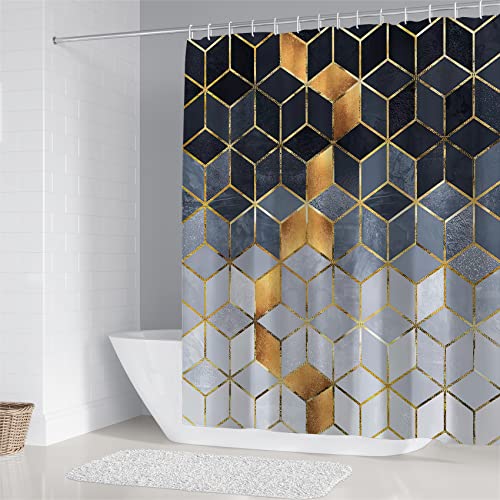 LQCOOL 4Pcs Dark Blue Gradient Shower Curtain Set,Golden Cubic Lines Bathroom Set Texture Bathroom Decor Set Modern Art Bath Accessories with Mats