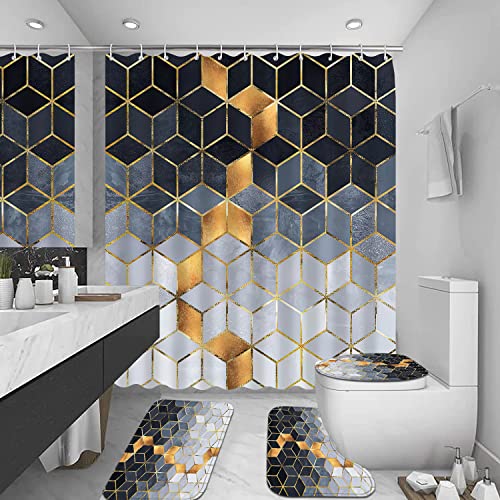 LQCOOL 4Pcs Dark Blue Gradient Shower Curtain Set,Golden Cubic Lines Bathroom Set Texture Bathroom Decor Set Modern Art Bath Accessories with Mats