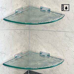 MOGFCT Bathroom Glass Shelf Shower Caddy Shelves with Aluminum Bracket Shampoo Holder Organizer Tempered Triangle Glass 8MM Extra Thick 2 Pack Wall