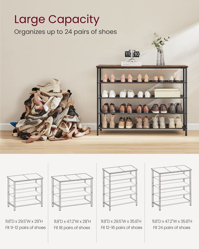 VASAGLE Shoe Rack 5 Tier, Narrow Shoe Organizer for Closet Entryway, with 4 Fabric Shelves and Top for Bags, Shoe Shelf, Steel Frame, Industrial, Rustic Brown and Black ULBS136B01