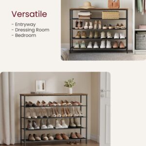 VASAGLE Shoe Rack 5 Tier, Narrow Shoe Organizer for Closet Entryway, with 4 Fabric Shelves and Top for Bags, Shoe Shelf, Steel Frame, Industrial, Rustic Brown and Black ULBS136B01