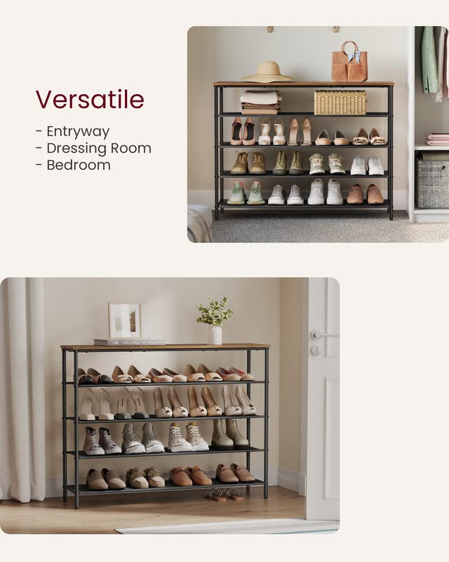 VASAGLE Shoe Rack 5 Tier, Narrow Shoe Organizer for Closet Entryway, with 4 Fabric Shelves and Top for Bags, Shoe Shelf, Steel Frame, Industrial, Rustic Brown and Black ULBS136B01