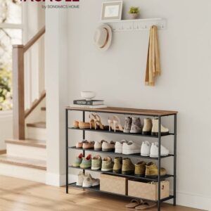 VASAGLE Shoe Rack 5 Tier, Narrow Shoe Organizer for Closet Entryway, with 4 Fabric Shelves and Top for Bags, Shoe Shelf, Steel Frame, Industrial, Rustic Brown and Black ULBS136B01