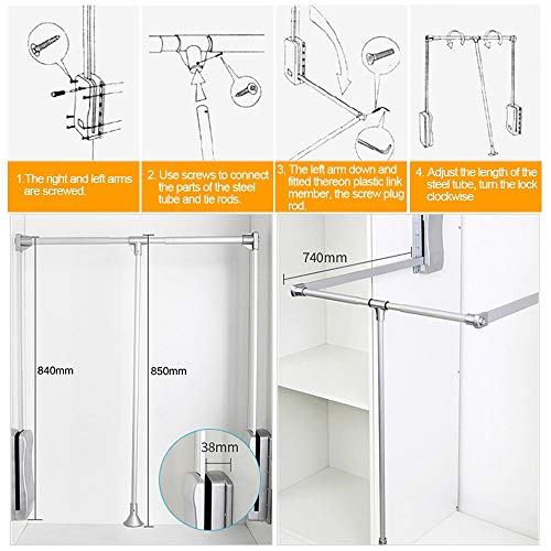 Nisorpa Pull Down Closet Rod Wardrobe Lift Wide Adjustable 35-48inch Aluminium Retractable Cabinet Rail Lifter Hanger Organizer Storage System Buffer Return Space Saving Weight Capacity 23lbs