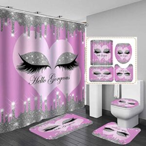 dia magico 4pcs eyelash shower curtain set, hello gorgeous bling silver drips glitter eyeshadow pink heart makeup glam modern fashion girl bathroom decor fabric purple shower curtain non-slip bath mat
