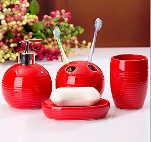 MyGift 4 Piece Modern Red Ceramic Bathroom Accessory Set with Ribbed Design, Includes Lotion/Liquid Soap Dispenser Pump, Toothbrush Holder, Tumbler, and Soap Dish