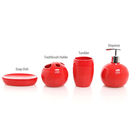 MyGift 4 Piece Modern Red Ceramic Bathroom Accessory Set with Ribbed Design, Includes Lotion/Liquid Soap Dispenser Pump, Toothbrush Holder, Tumbler, and Soap Dish