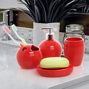 MyGift 4 Piece Modern Red Ceramic Bathroom Accessory Set with Ribbed Design, Includes Lotion/Liquid Soap Dispenser Pump, Toothbrush Holder, Tumbler, and Soap Dish