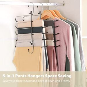 Pants Clothes Hangers Space Saving, RELBRO 2 Packs Multifunctional Pants Rack Hanger Black Stainless Steel Pants Jeans Hangers 5 Layered Closet Organizer for Pants Scarfs Slacks Towels Ties