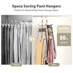 Pants Clothes Hangers Space Saving, RELBRO 2 Packs Multifunctional Pants Rack Hanger Black Stainless Steel Pants Jeans Hangers 5 Layered Closet Organizer for Pants Scarfs Slacks Towels Ties