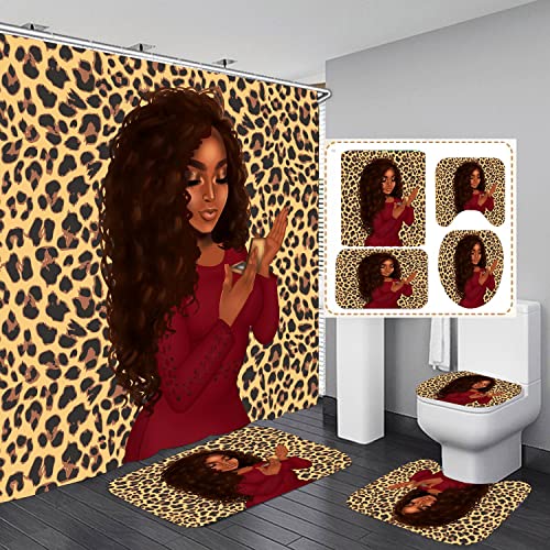 Classic African American Shower Curtains for Bathroom, Bathroom Sets with Shower Curtain and Rugs, Toilet Lid Cover Bath Mat, 4PCS Black Girl Leopard Print Bathroom Accessories (Yellow)