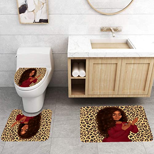 Classic African American Shower Curtains for Bathroom, Bathroom Sets with Shower Curtain and Rugs, Toilet Lid Cover Bath Mat, 4PCS Black Girl Leopard Print Bathroom Accessories (Yellow)