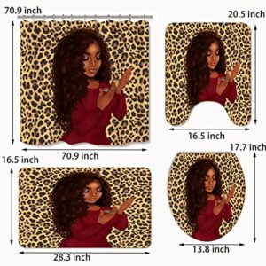 Classic African American Shower Curtains for Bathroom, Bathroom Sets with Shower Curtain and Rugs, Toilet Lid Cover Bath Mat, 4PCS Black Girl Leopard Print Bathroom Accessories (Yellow)