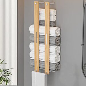 CJAID Towel Racks for Bathroom Wall Mounted, Bamboo Towel Holders with Hooks, Large Capacity Bathroom Towel Storage, Bath Towel Holder, Wall Towel Storage Rack Shelf for Rolled Towels.