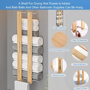 CJAID Towel Racks for Bathroom Wall Mounted, Bamboo Towel Holders with Hooks, Large Capacity Bathroom Towel Storage, Bath Towel Holder, Wall Towel Storage Rack Shelf for Rolled Towels.