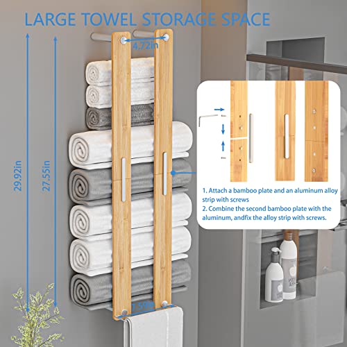 CJAID Towel Racks for Bathroom Wall Mounted, Bamboo Towel Holders with Hooks, Large Capacity Bathroom Towel Storage, Bath Towel Holder, Wall Towel Storage Rack Shelf for Rolled Towels.