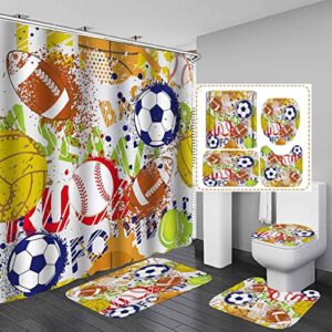 Dia Magico 4PCS Sports Shower Curtain Set, Basketball Volleyball American Football Rugby Tennis Baseball Game Colorful Graffiti Boys Bathroom Decor, Waterproof Fabric Shower Curtain, Non-slip Bath Mat