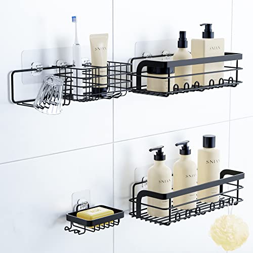 Black Shower Caddy, 4 Packs Self Adhesive Shower Shelves, Bathroom Shower Organizer with 8 hooks, No Drilling Rustproof Stainless Steel Shower Shelf for Inside Shower Wall