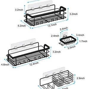 Black Shower Caddy, 4 Packs Self Adhesive Shower Shelves, Bathroom Shower Organizer with 8 hooks, No Drilling Rustproof Stainless Steel Shower Shelf for Inside Shower Wall