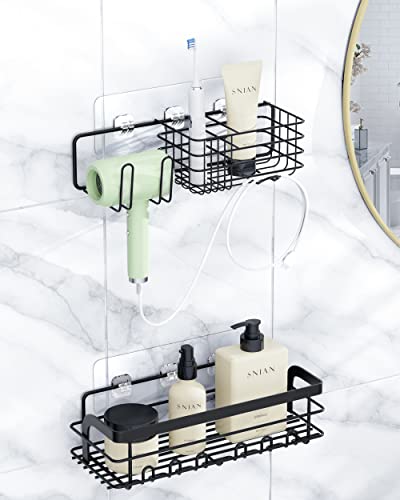Black Shower Caddy, 4 Packs Self Adhesive Shower Shelves, Bathroom Shower Organizer with 8 hooks, No Drilling Rustproof Stainless Steel Shower Shelf for Inside Shower Wall