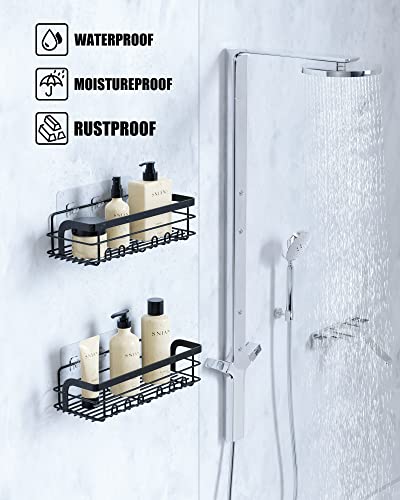 Black Shower Caddy, 4 Packs Self Adhesive Shower Shelves, Bathroom Shower Organizer with 8 hooks, No Drilling Rustproof Stainless Steel Shower Shelf for Inside Shower Wall