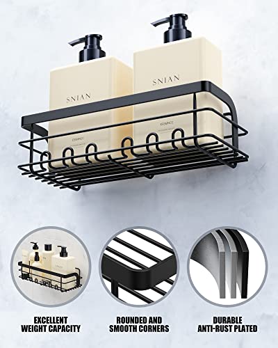 Black Shower Caddy, 4 Packs Self Adhesive Shower Shelves, Bathroom Shower Organizer with 8 hooks, No Drilling Rustproof Stainless Steel Shower Shelf for Inside Shower Wall