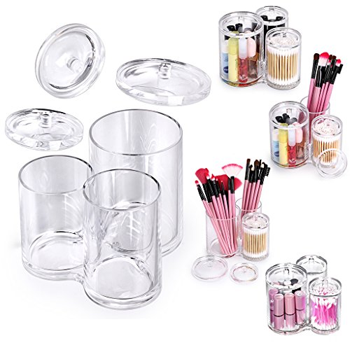 Hipiwe Clear Acrylic Cotton Swab Holder Preminm Quality Round Container Cotton Pad Q-tip Organize Case for Make Up Brush Clear Apothecary Jar