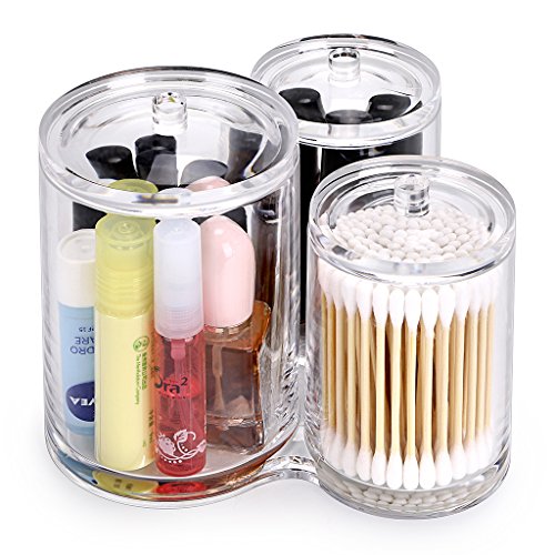 Hipiwe Clear Acrylic Cotton Swab Holder Preminm Quality Round Container Cotton Pad Q-tip Organize Case for Make Up Brush Clear Apothecary Jar