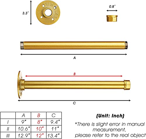 Industrial Gold Pipe Shelf Brackets, 10 Inch Pipe Clothing Rack, 4 Pcs Heavy Duty Industrial Pipe Clothes Hanging Rod, Wall Mounted Garment Holder for Bedroom, Bathroom, Boutique, Clothing Store